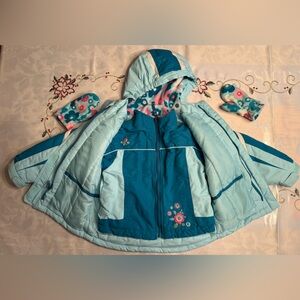 Wonderkids 3 in 1 Teal and Light Blue Floral Puffer Jacket with Mittens